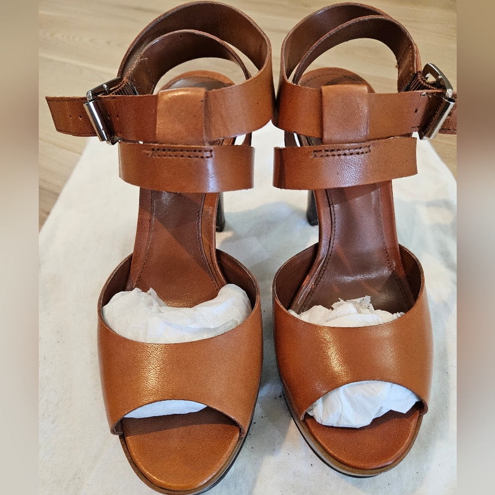 Lauren Ralph Lauren Saydee Leather Platform Heels Burnished Vachetta Tan 5.5 New